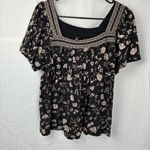 Lucky Brand Square Neck Wildflower Black Cotton Modal Jersey L Boho Dark Cottage